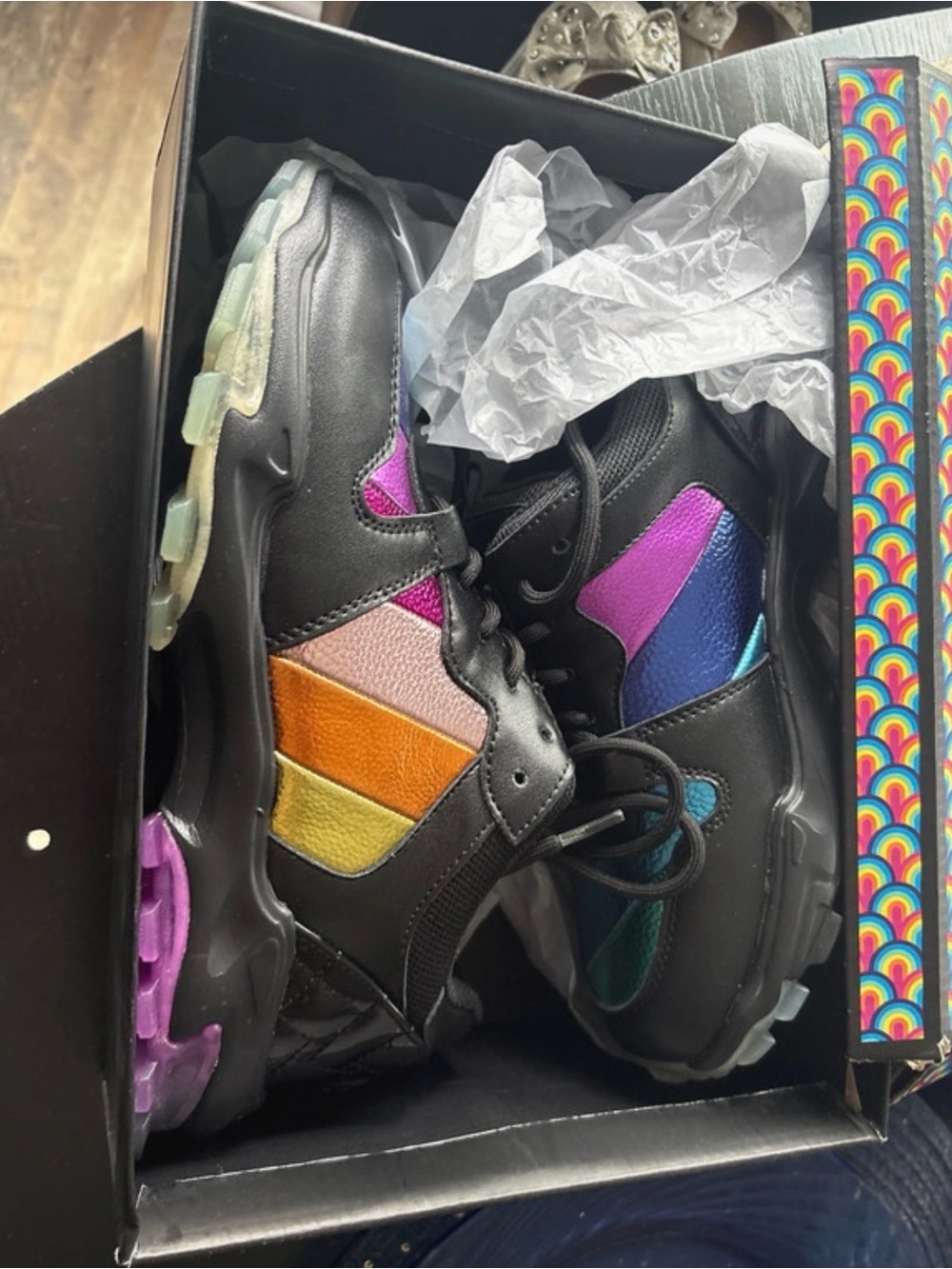 Kurt Geiger Black Sneakers with Rainbow Accent Panels ladies 7